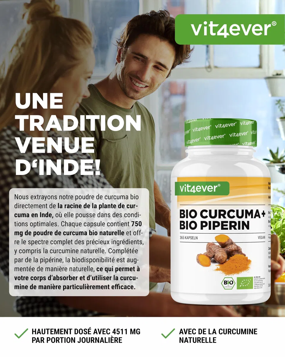 vit4ever Curcuma Bio au Poivre Noir - 365 capsules - 4511 mg de Curcuma Bio (Curcuma) par Dose Journalière - avec Curcumine & Pipérine - Qualité 100% Bio - Fortement Dosé - Végétalien