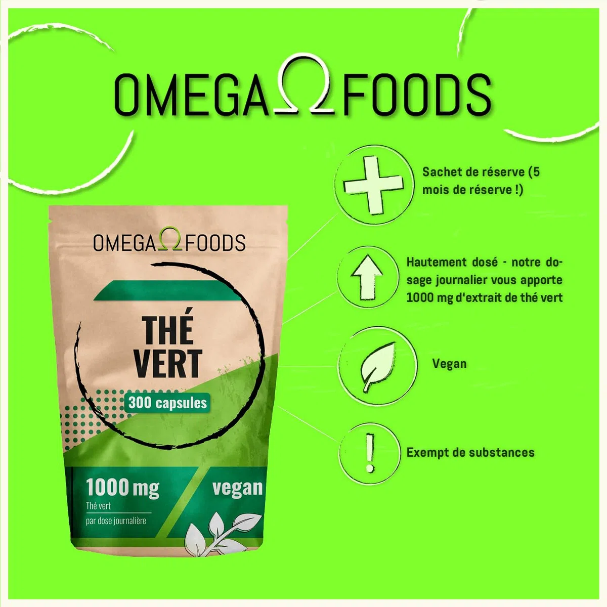 Gélules de thé vert – 300 gélules d’extrait de thé vert hautement dosé – 1 000 mg par dose quotidienne – Extrait de thévert
