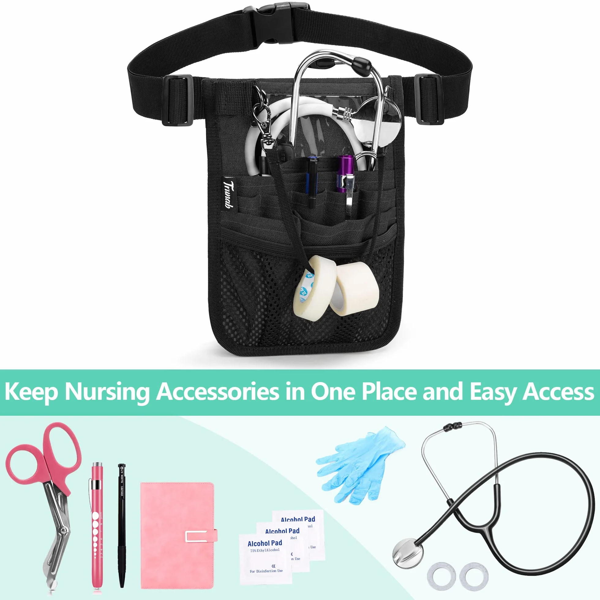 Trunab Sac Banane pour Infirmière avec Porte-Ruban et Plusieurs Compartiments, Kit Infirmiere avec Sangle de Taille Réglable,Convient à Ciseaux, Gaze et Autres Fournitures Médicales, Noir