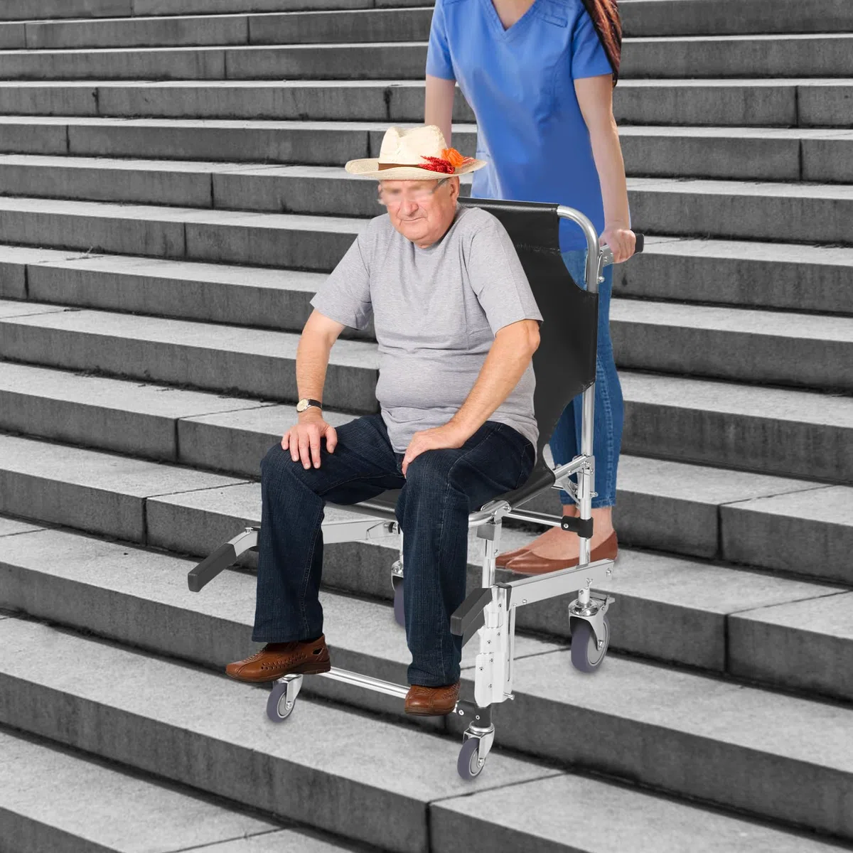 Chaise d'escalier pliable d'urgence, chaise roulante montante d'escalier, chaise de transport pliable pour la maison, les écoles, les hôpitaux, les maisons de retraite, les pompiers (noir)
