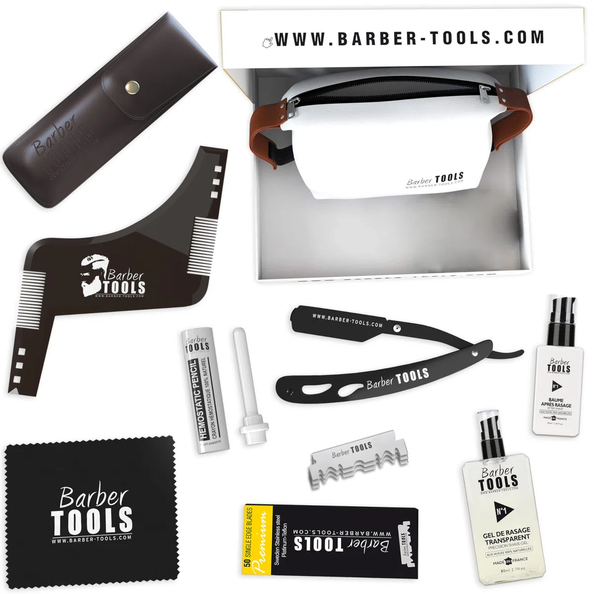 Kit Rasoir barbe homme/coupe choux barbe - avec 50 Lames Simples + Peigne guide + Gel de rasage transparent 80ml + Après rasage 30ml + Stick d'alun + Grand sac -NOIR- BARBER TOOLS