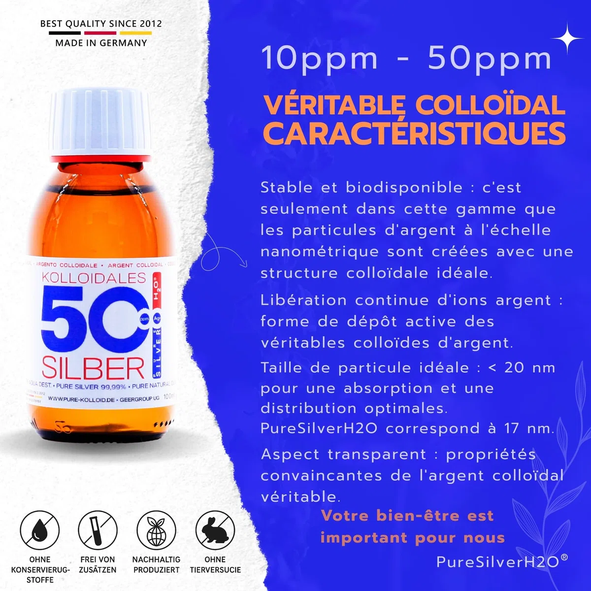 Argent colloïdal 15PPM - 1600ml avec spray de 100ml | Eau d'argent de première qualité ● Qualité mesurable (PPM) ● Verre ambré et production quotidienne | Made in Germany depuis 2012