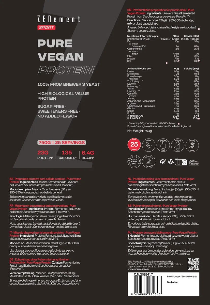 Protéine Végétalienne de Levure de Bière - Riche en Protéines - Assimilation Facile - Sans Sucre ni Édulcorants, Sans Gluten, Sans Arômes Ajoutés - 750 g - Zenement