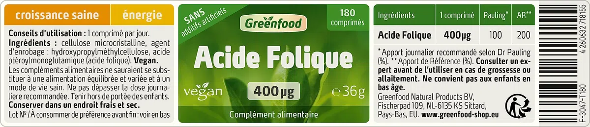 Greenfood Acide folique, 400 μg,180 comprimés, doses élevées, comprimés, vegan - pour la croissance des tissus maternels pendant la grossesse et pour. SANS additifs artificiels. Sans OGM.