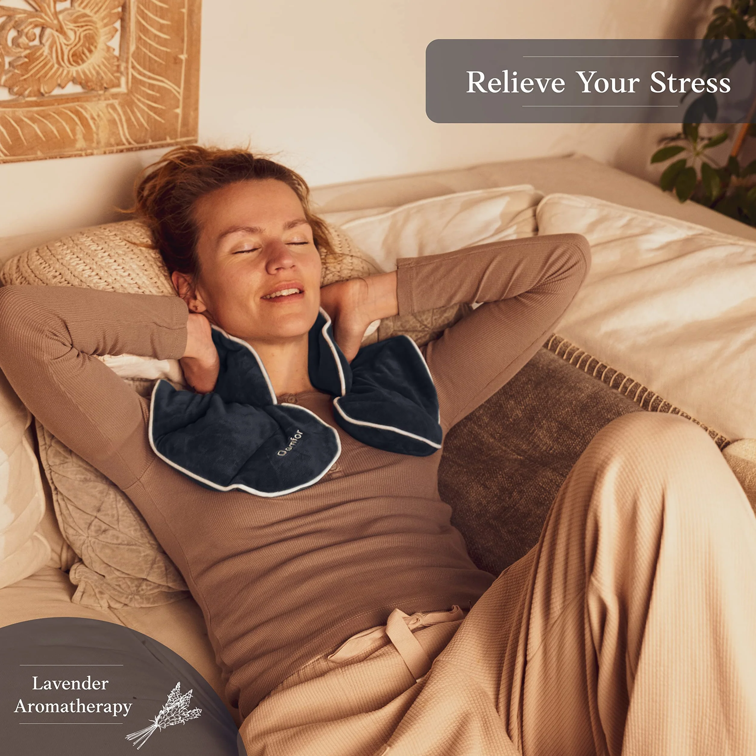 Qomfor - Coussin chauffant pour micro-ondes - Bleu foncé, parfum lavande - Couvre-nuque/épaules lesté de 1,5 kg - Thérapie par le chaud/le froid, soulagement de la douleur