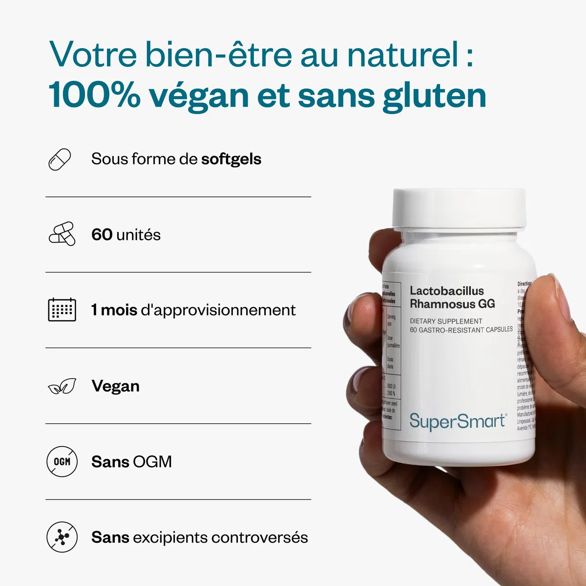 Lactobacillus Rhamnosus GG - Probiotique - Equilibre Microbiote et Flore intestinale - Booste le système immunitaire - Stimule la production des Lactobacillus - 60 gélules - Vegan - Supersmart