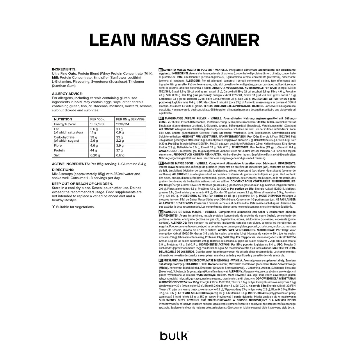 Bulk Gainer Masse Sèche, Shake protéiné en poudre, gainer lean, glutamine, Vanille, 1 kg, 11 Portions