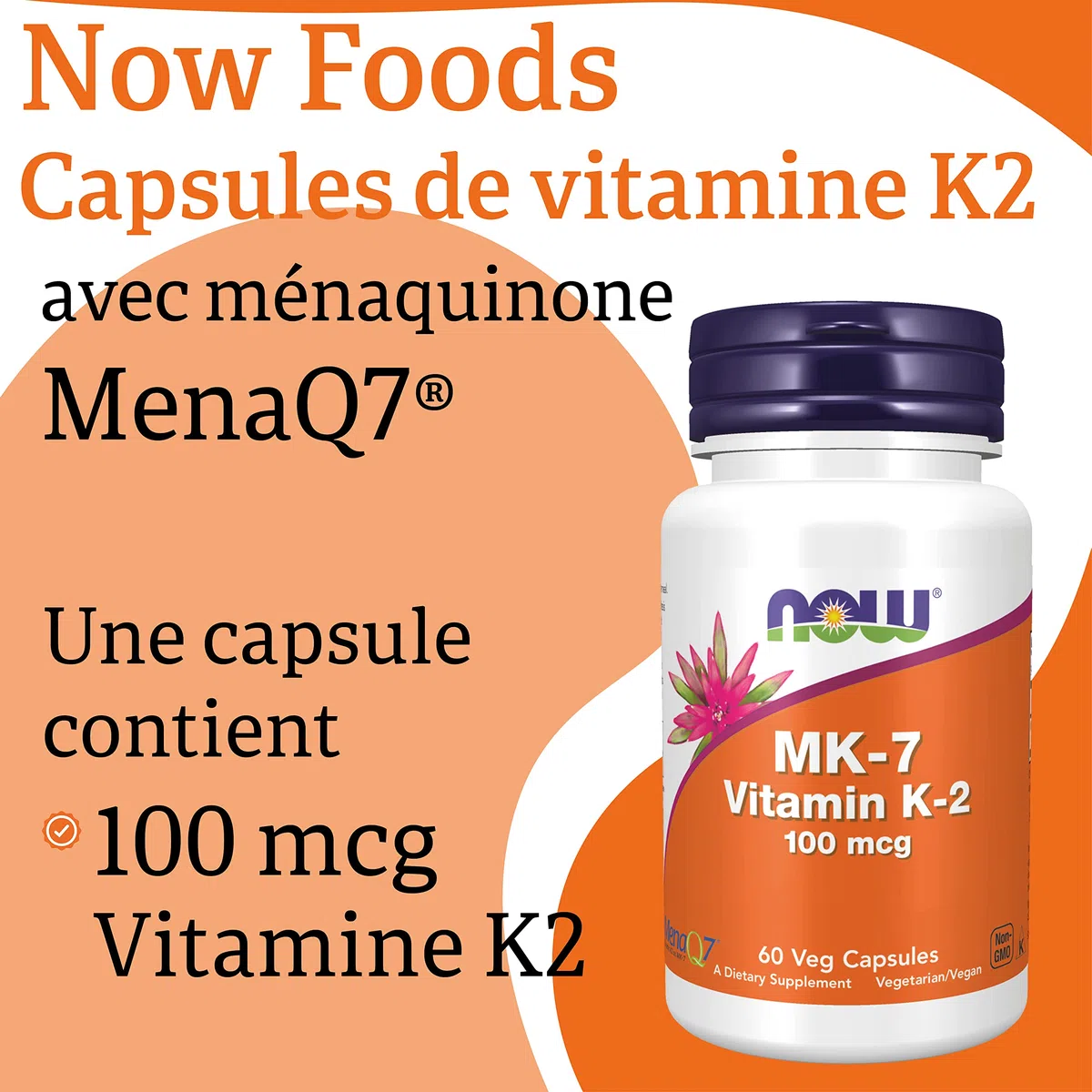 Now Foods, Vitamine K2 MK-7, 100mcg, All-Trans, 60 Capsules végétaliennes, Testé en Laboratoire, Sans Gluten, Sans Soja, Sans OGM