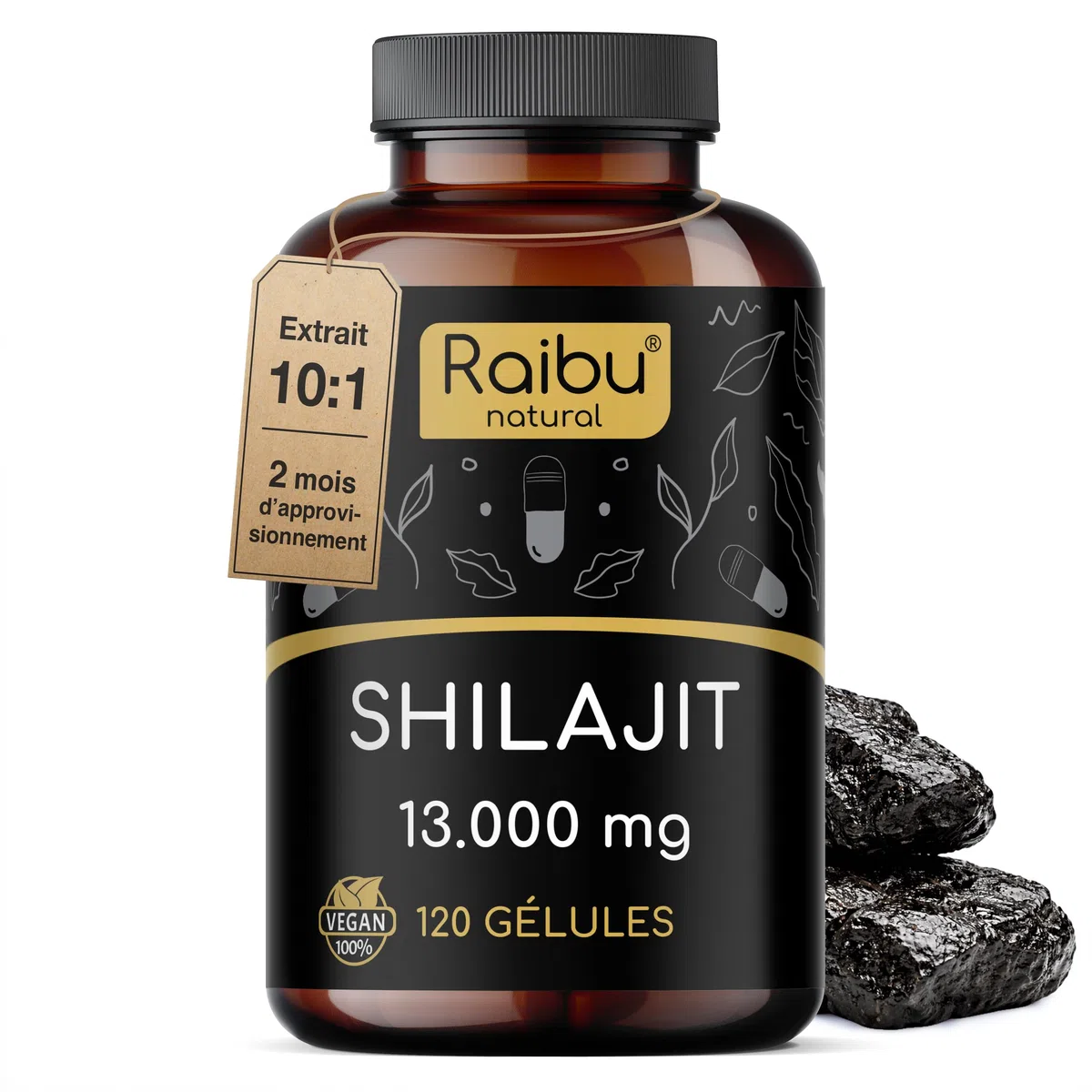 Shilajit Pur de l’Himalaya - 120 Gélules de Shilajit - Haute Concentration en Acide Fulvique et Acides Humiques - 1300 mg par Dose Quotidienne - Mumijo, Testé en Laboratoire, Sans Additifs