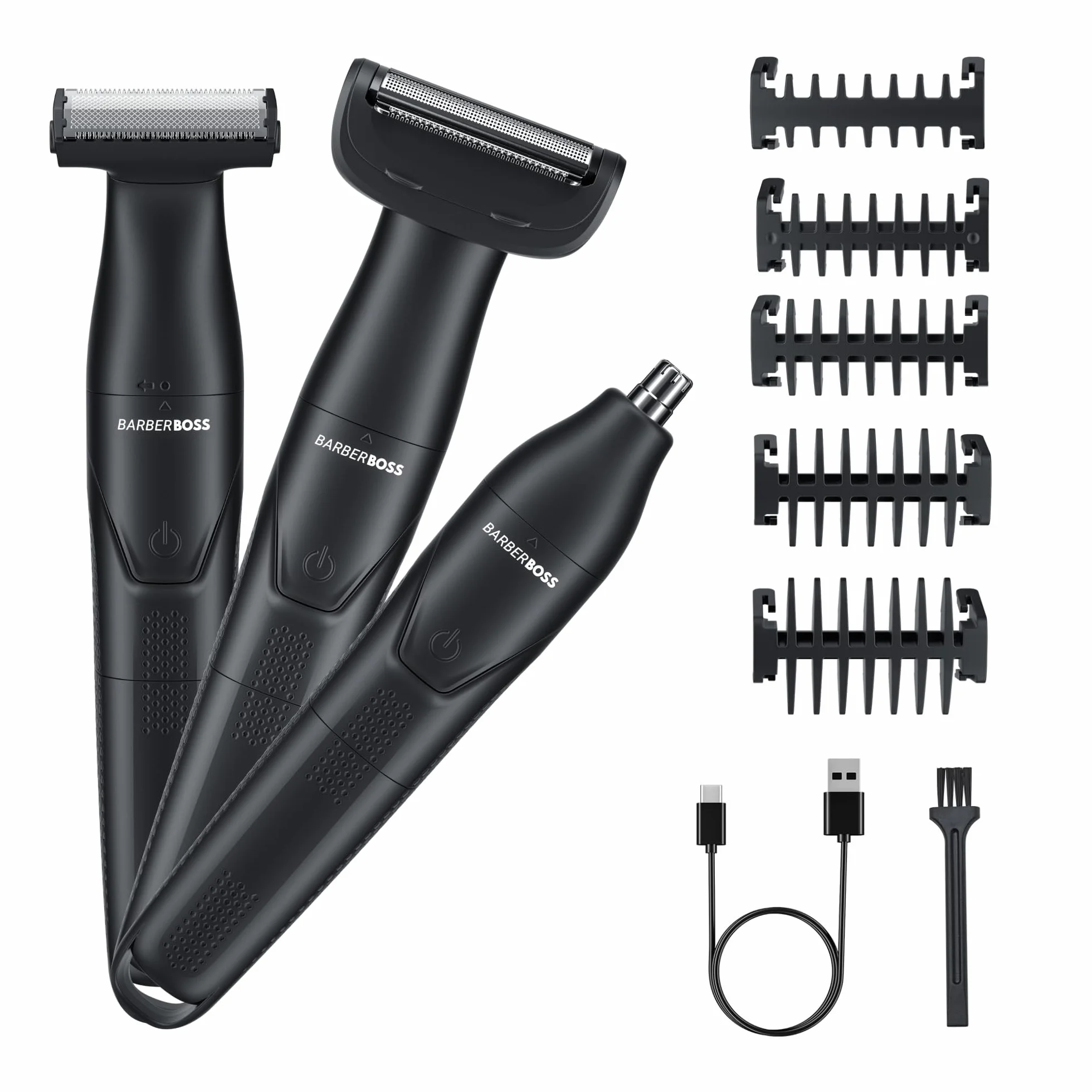 BarberBoss Tondeuse de précision 3-en-1 pour homme, kit de soins pour barbe et cheveux, tondeuse corps, tondeuse nez et oreilles, rasoir sans fil rechargeable avec chargement USB (Noir)
