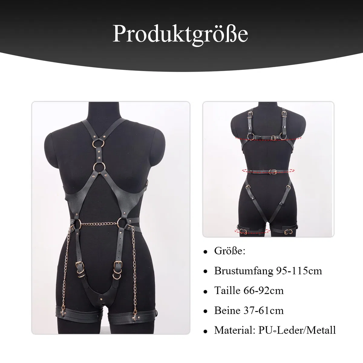 BDSMYOU Harnais Femme Cuir Lingerie Sangle Body avec Menottes,Fétiche Lingerie Ensemble de Fesseln,Vêtements Gothiques (Noir)
