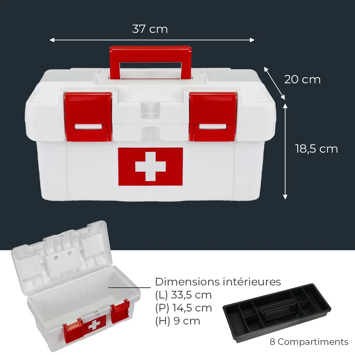 HMF Boîte à pharmacie vide pour les premiers secours pour club de sport, entreprise ou maison | 37 x 20 x 18,5 cm | Blanc/rouge