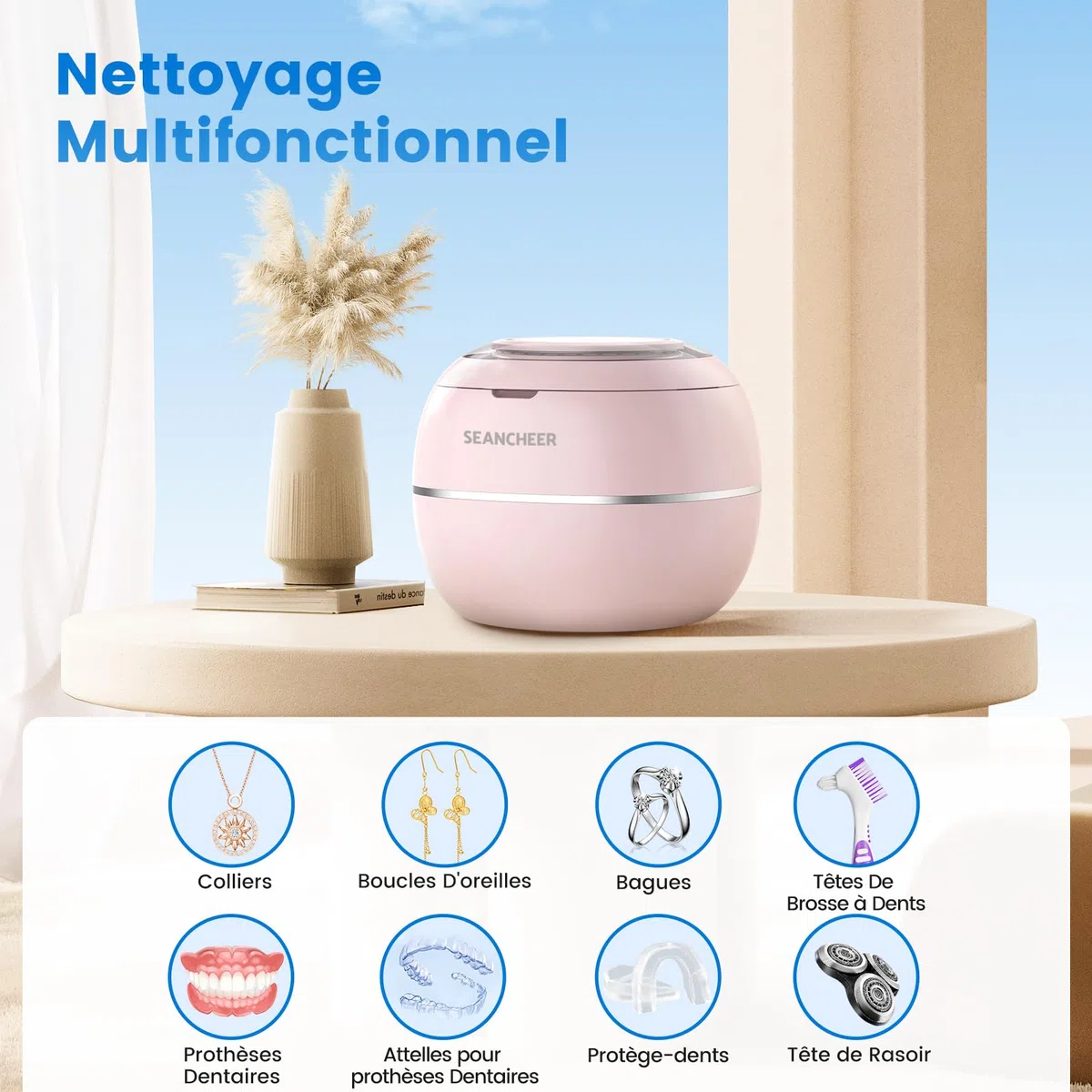SEANCHEER Nettoyeur Ultrasons 48000Hz Bac Ultrason | 24W | 180ML | Mini Ultrasonic Cleaner Portable avec Lampe UV pour | Prothèses Dentaires | Gouttière Dentaire | Retainer | Bijoux | (Rose)