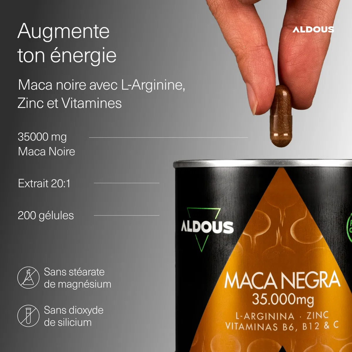 Maca Noire 35.000 mg - 200 gélules - Extra Forte - Extrait 20:1 - Avec Arginine, Zinc, Vitamine C, B12 et B6 - Maca du Pérou hautement concentrée - Régulateur hormonal, Énergie, Vitalité - ALDOUS