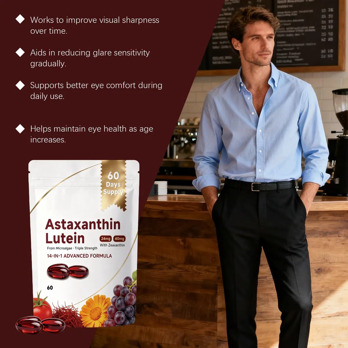 Astaxanthine 24 mg et lutéine 40 mg, soutient les yeux, la peau et les articulations, pour hommes et femmes, 60 unités,1pcs