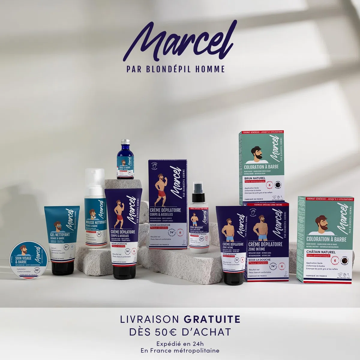 Marcel par Blondépil Homme - Lot de 5 (dont 1 offerte) - Creme depilatoire homme sous la douche, Zone Intime, Rapide et Efficace, Adaptée à tous les types de peaux, Made in France