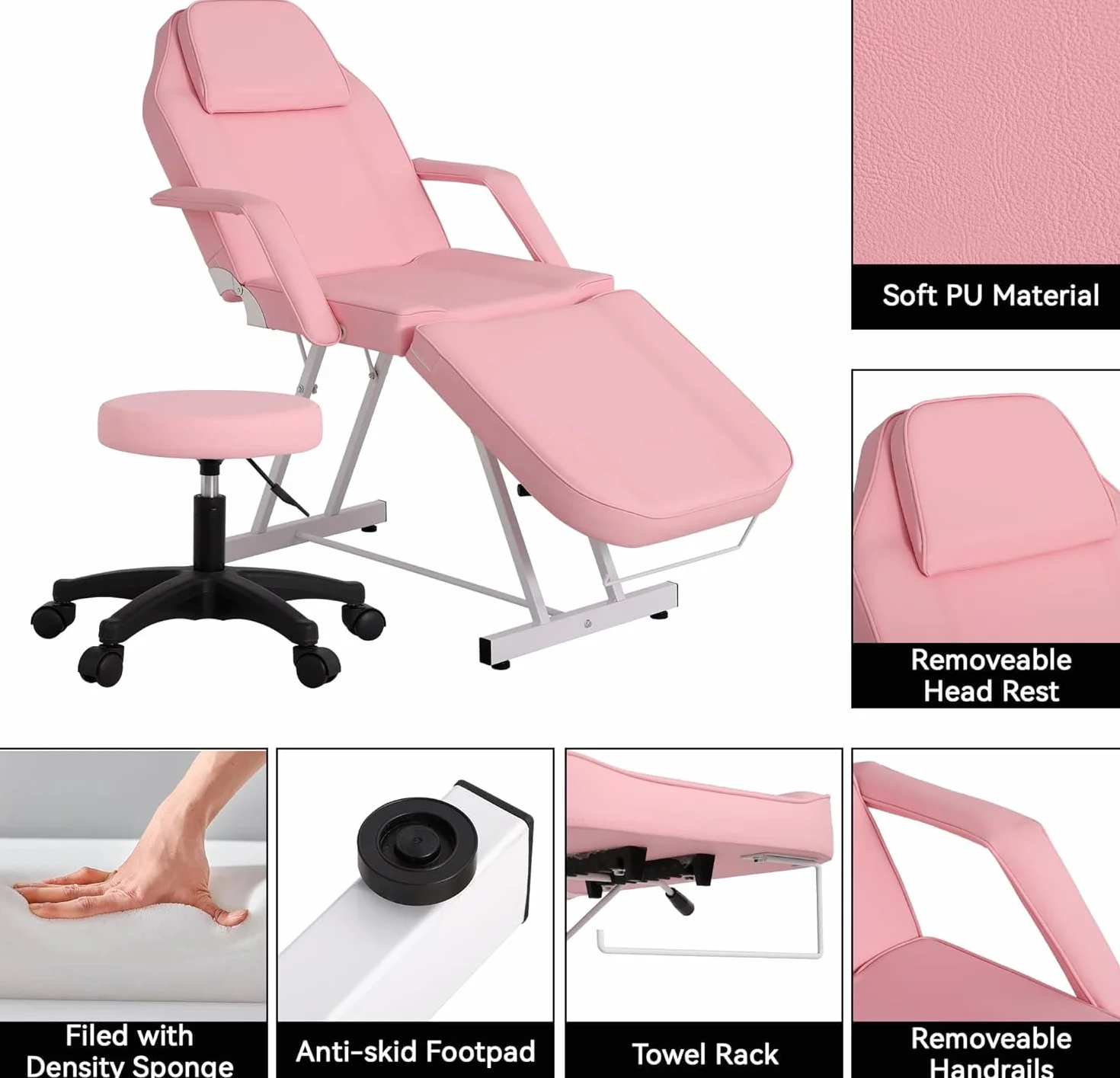 Table de Massage avec Tabouret Lit Massage Pliante 3 Zones Rose | en Cuir PU avec l’Appui-Tête Amovible Accoudoirs Réglables Lit Esthéticienne Physiothérapie, Tattoo