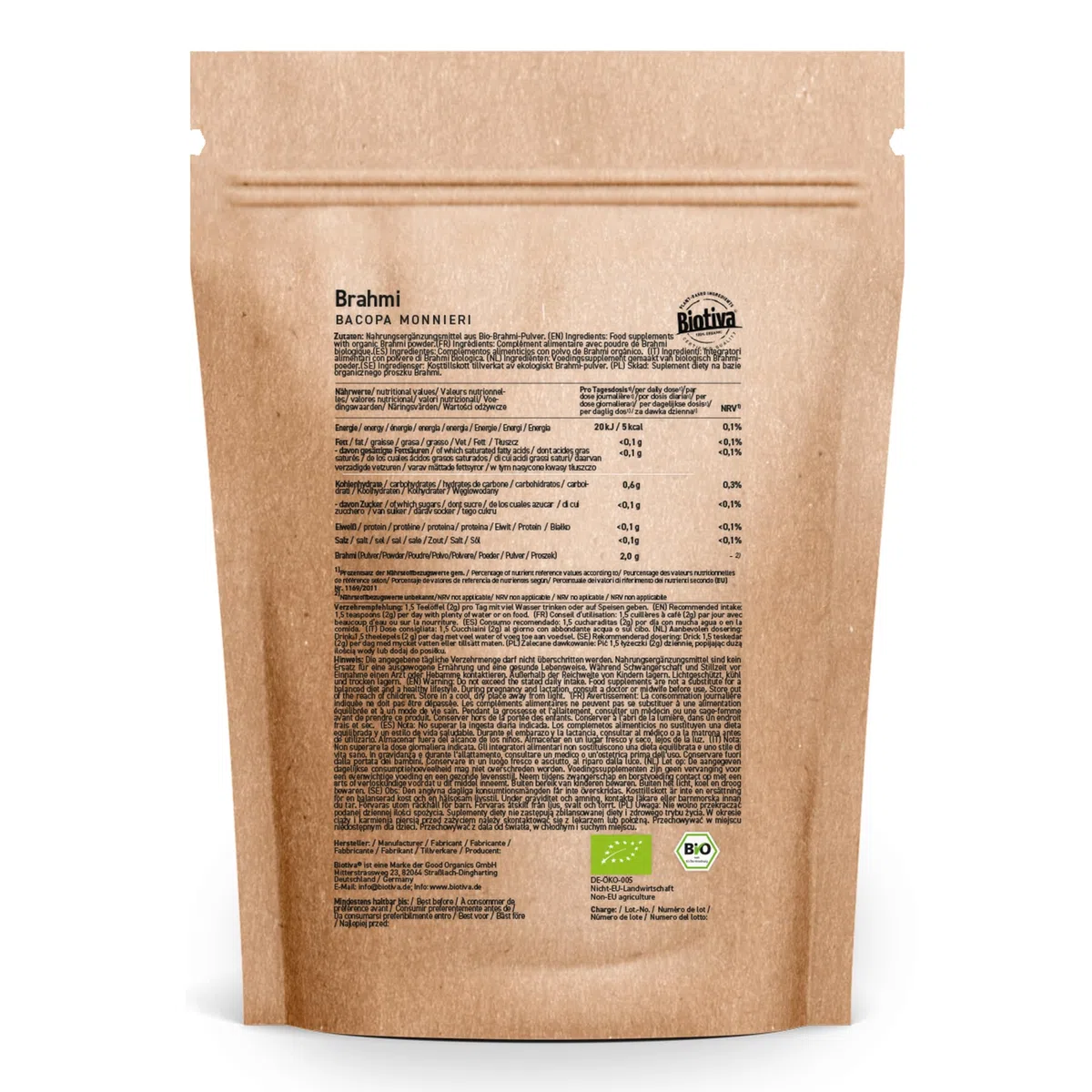 Poudre de Brahmi bio - 500g - Bacopa Monnieri - Hysope d'eau - Végan - Garanti sans additifs - Conditionné et supervisé en Allemagne - Biotiva