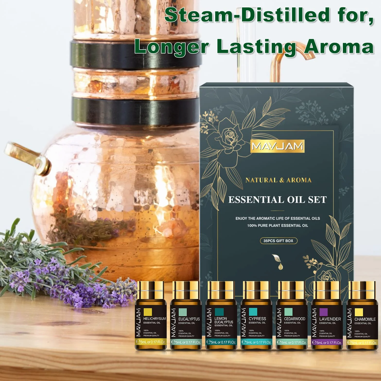 MAYJAM Kit Huiles Essentielles 35 x 5ml, Huile Essentielle pour Diffuseur, Naturelle Pure Huile de Lavande, Eucalyptus, Menthe Poivrée, Vanille, Citron, Rose, Citronnelle,Tee Tree, Santal, Cèdre