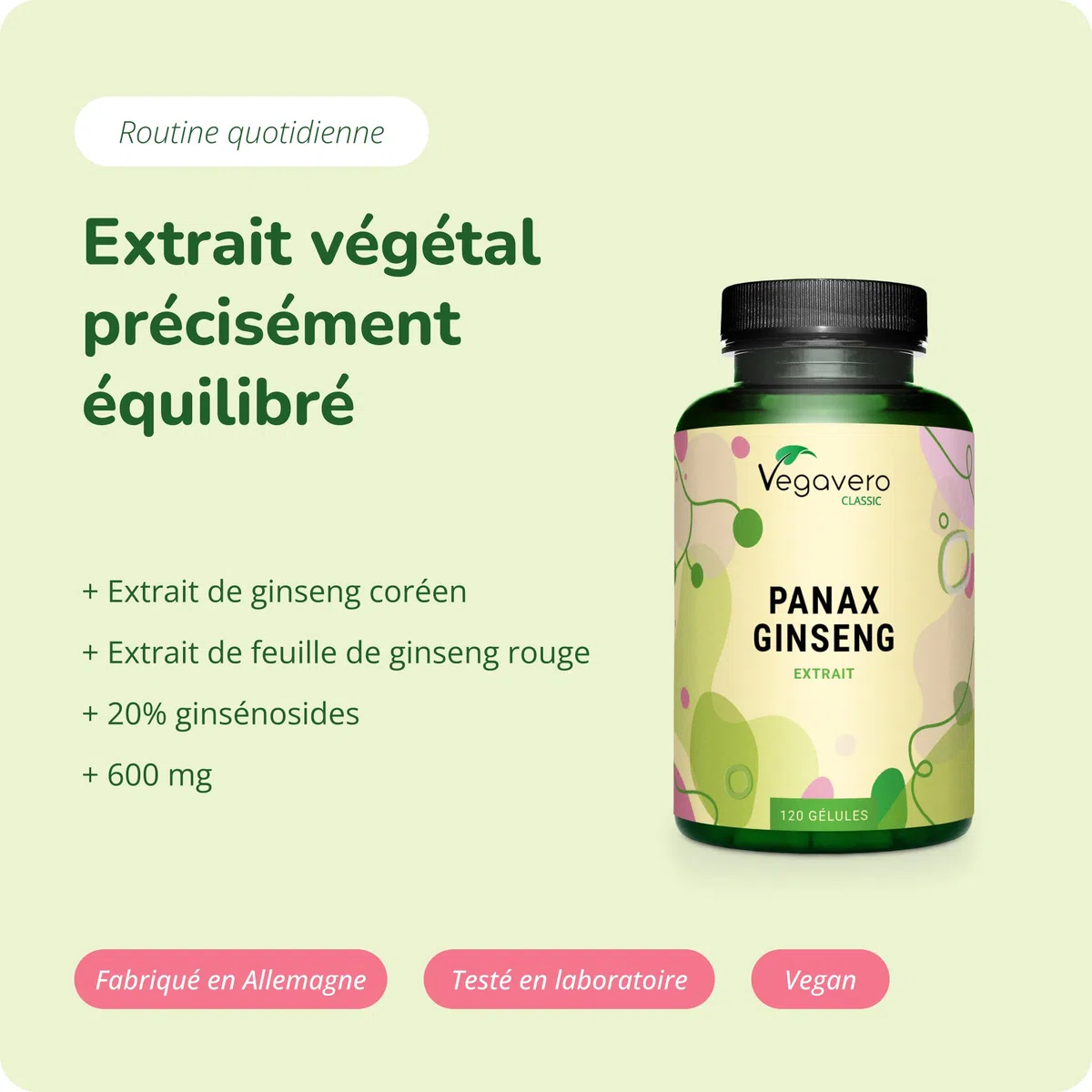 PANAX GINSENG Rouge + Coréen | 120 Gélules | Extra Fort : 4800 mg/j | Anti Stress + Concentration + Énergie Booster | 20% de Ginsenosides | SANS ADDITIFS & VEGAN | Vegavero®