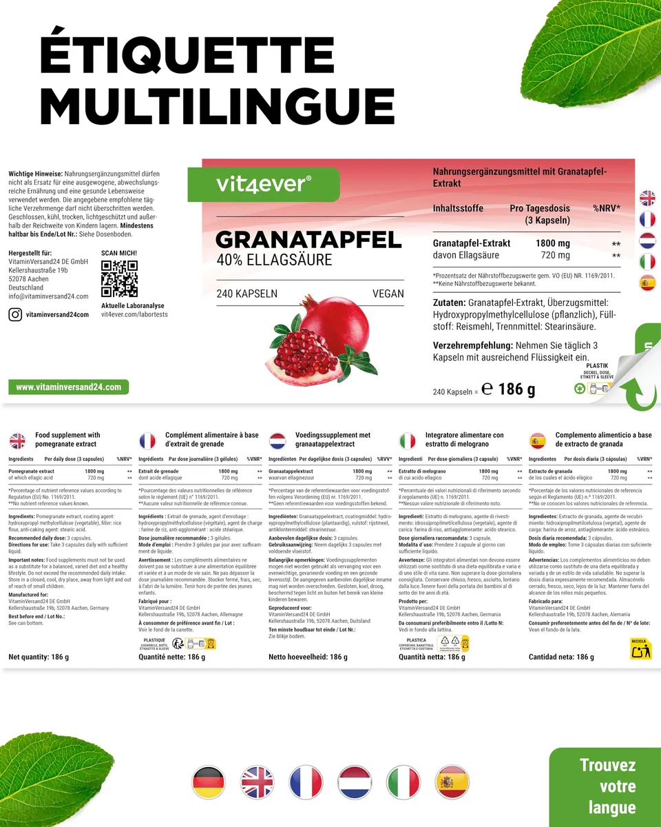 Extrait de Grenade - 240 gélules végétaliennes - Extrait naturel de première qualité avec 40% d'acide ellagique - Hautement dosé - Végétalien