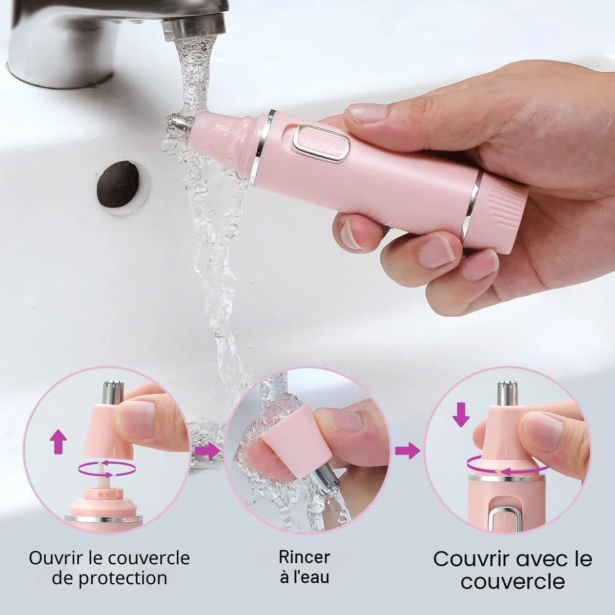 Tondeuse Indolore pour Femmes, Rechargeable 2024 Upgrade, Tondeuse Nez Cheveux, IPX7 Étanche Moteur Puissant, Nettoyage Facile, Rose