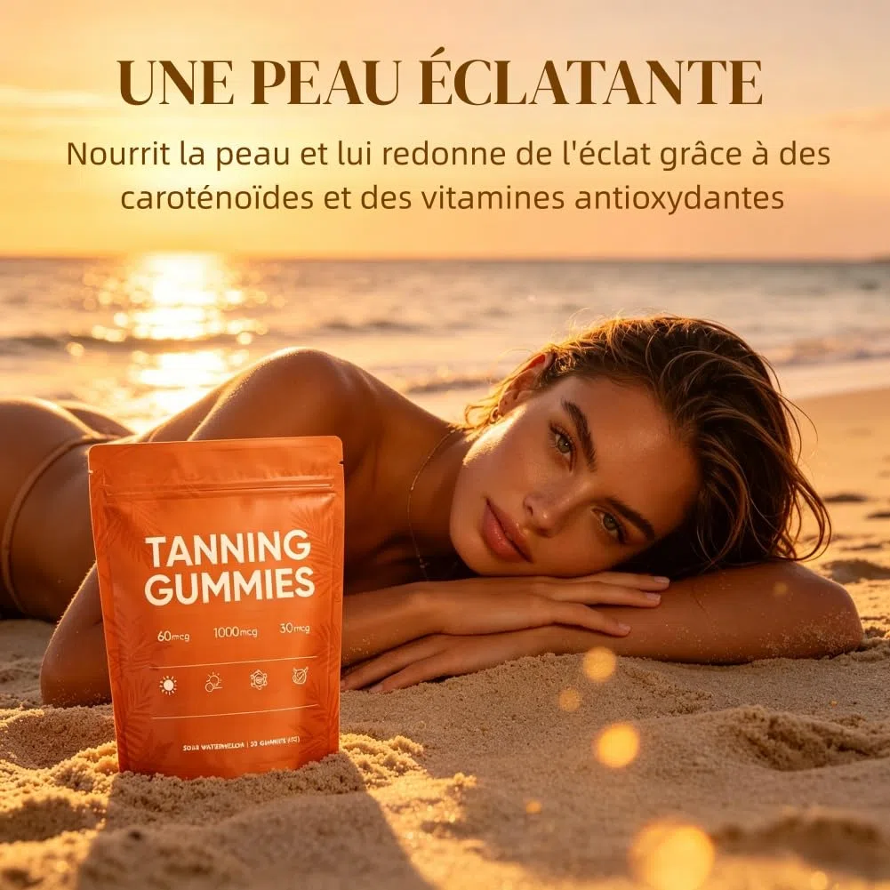 Gummies Autobronzant,60pcs Autobronzantes,Gummies Bronzantes,Gommes Bronzage Peau,Associant bêta-carotène et L-lycopène pour rehausser l'éclat naturel de peau