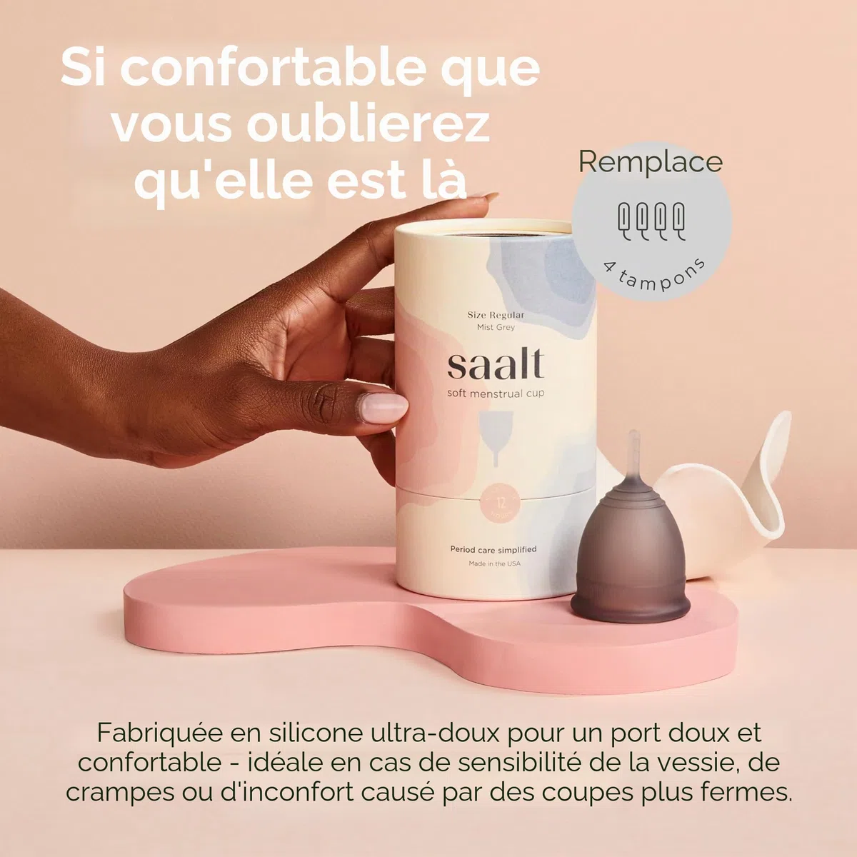 Saalt Soft Menstrual Cup – Coupe menstruelle réutilisable – Protection anti-fuites jusqu'à 12 heures – Sans BPA ni latex – Inclut une coupe et un sac de transport - taille Petit, Gris