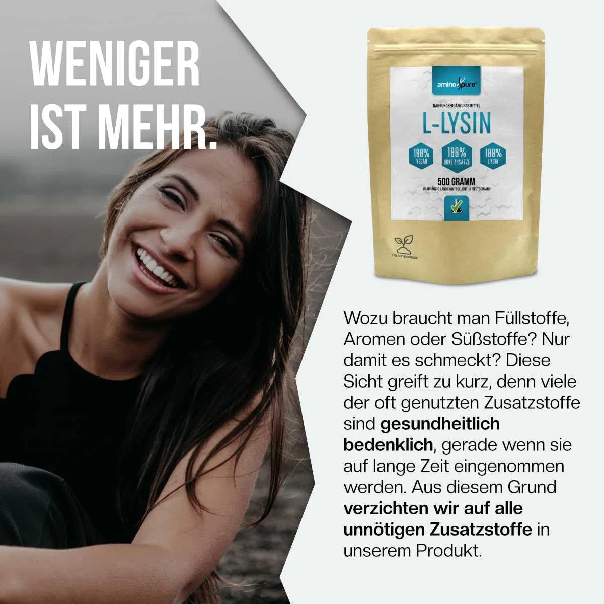 Poudre de lysine pure | L-lysine pure sans additifs | 250 portions (2 grammes par jour) | 100 % végétalien et testé en laboratoire avec certificat | 500 g