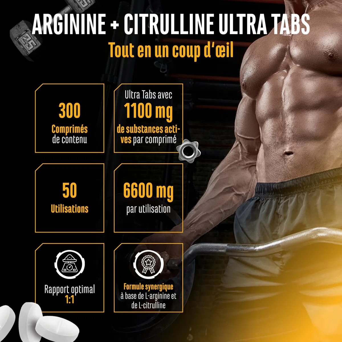 L-arginine + L-citrulline Ultra comprimés - 300 comprimés avec 1100 mg - Association à haute dose de L-arginine base et L-citrulline malate 2:1 - Végan