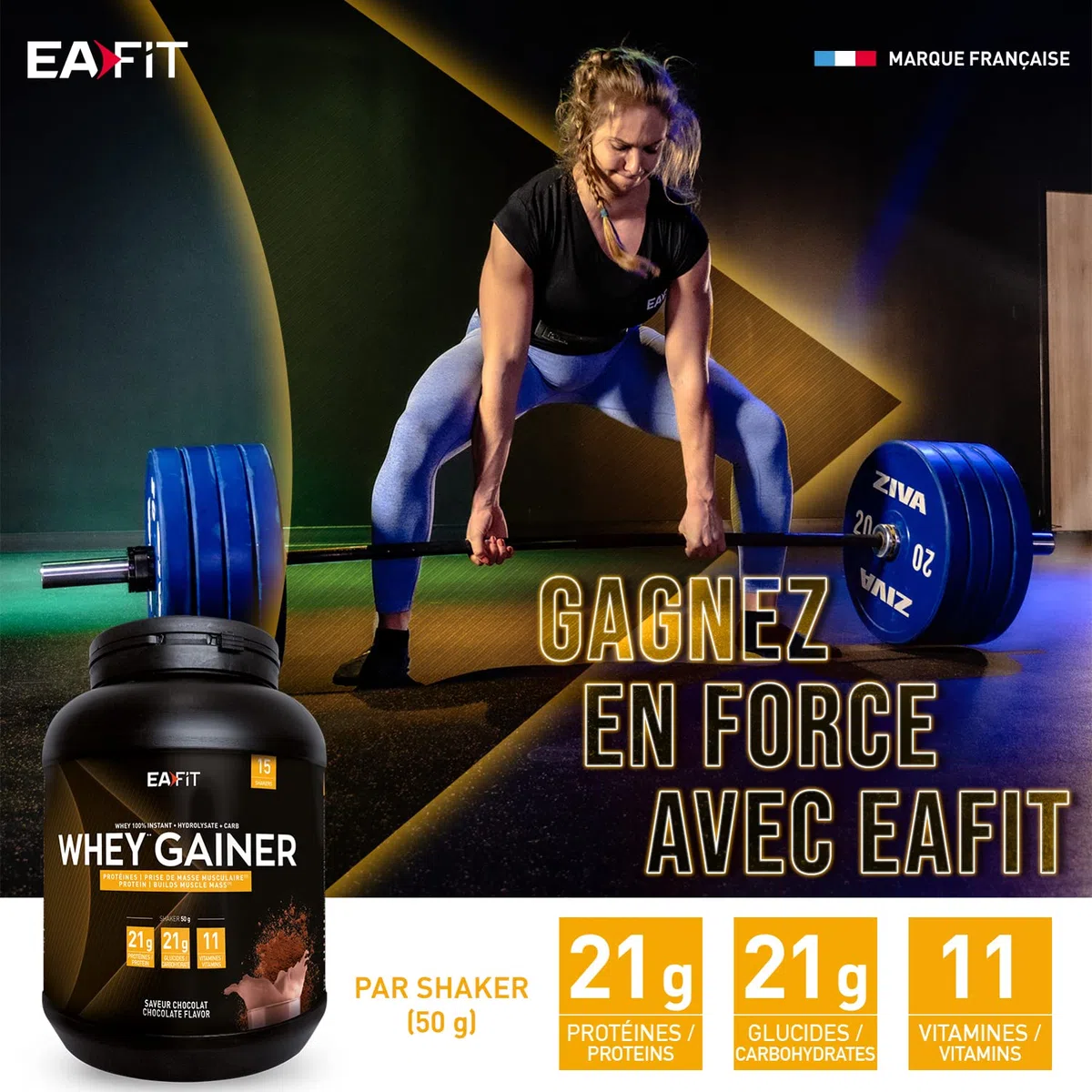 WHEY GAINER - EAFIT - Prise de masse musculaire et apport calorique - 22g de proteines de Whey + 22g de glucides + 11vitamines par shaker - Vanille 750g - Idéal pour le sport tel que la musculation