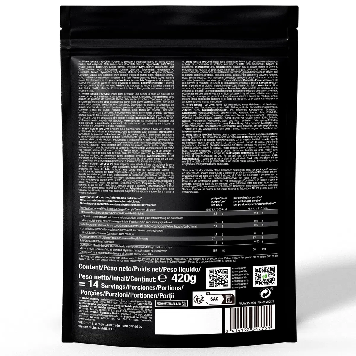Weider Isolate Whey 100CFM (420g) Goût Chocolat, 100% Isolat de Protéines de Lactosérum 23g /Portion, Avec Enzymes Digestives, Sans Sucres Ajoutés, ni Aspartame, Faible teneur en Graisses, 14 portions