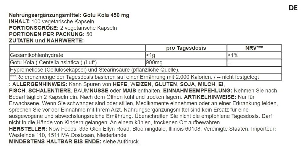 Now Foods - Gotu Kola, 450mg | Extrait de qualité supérieure 450mg - 100 capsules