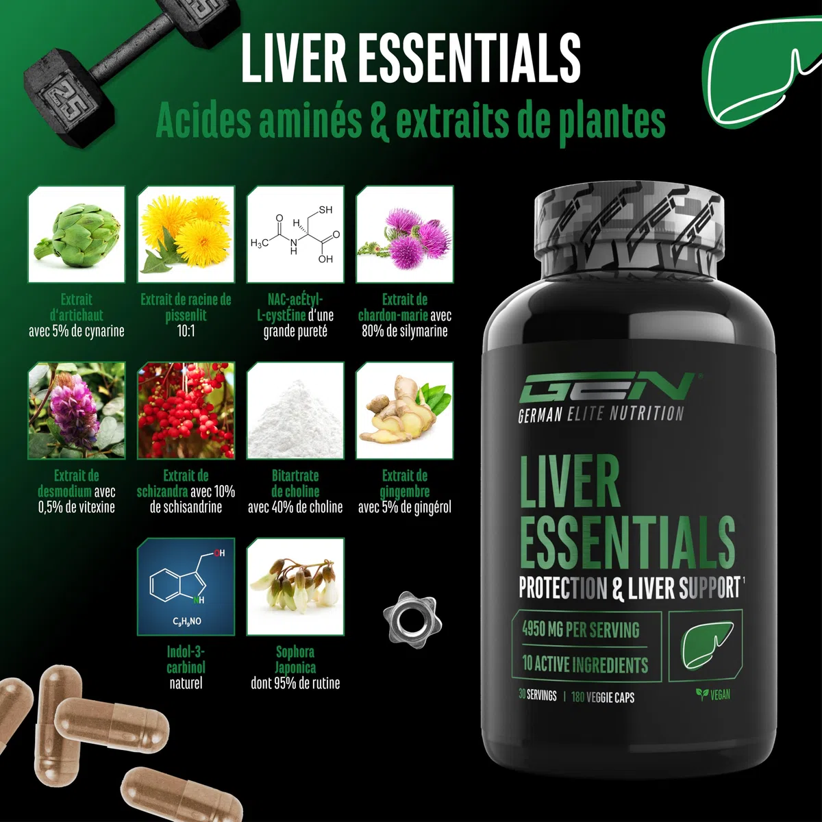 Liver Essentials 180 Capsules Complexe Foie Hautement Dosé avec Chardon Marie Choline NAC Artichaut Pissenlit Schizandra Gingembre Indol 3 Carbinol Desmodium Rutine Vegan