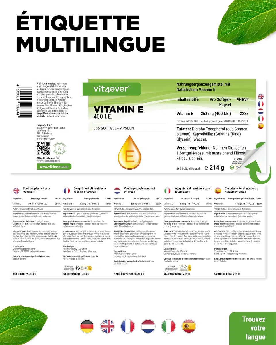 Vitamine E 400 U.I. naturelle - 365 capsules softgel - Premium : vitamine E naturelle de tournesol - 12 mois d'approvisionnement - fortement dosé