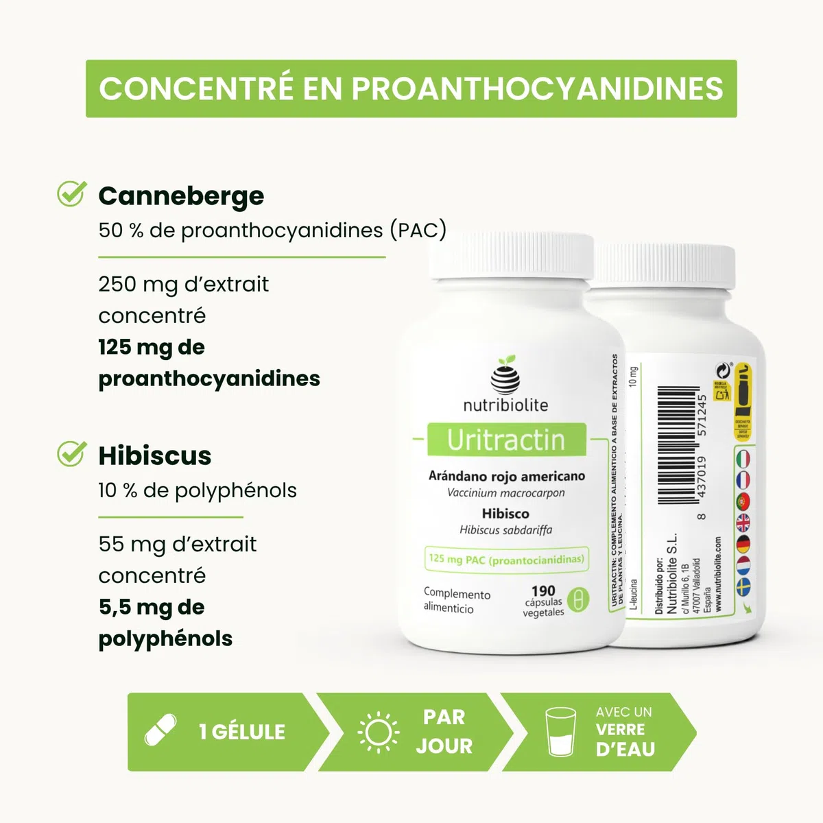 Canneberge gelules Cranberry avec Hibiscus 125 mg de PAC Proanthocyanidines - Confort Urinaire - 190 Gélules - Sans Additifs +6 Mois | Uritractin Nutribiolite