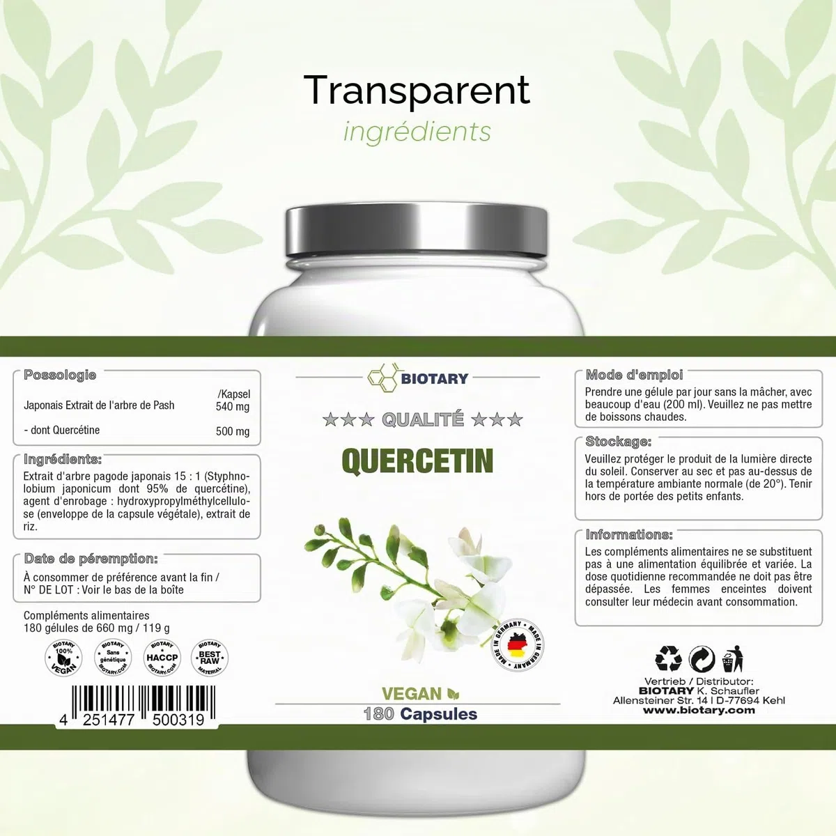 Quercétine – 500 mg – 180 gélules – 6 mois – Avec boîte à pilules – Vegan – Extrait de fleur de Sophora du Japon 95% - Sans additifs