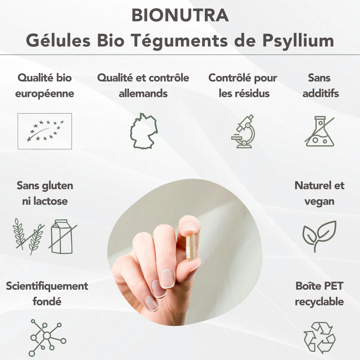 BIONUTRA® Gélules de psyllium bio hautement dosées 2250 mg/jour, 1800 mg fibres, contrôlées résidus, fabrication allemande, véganes, sans additifs, 270 pièces x 750 mg