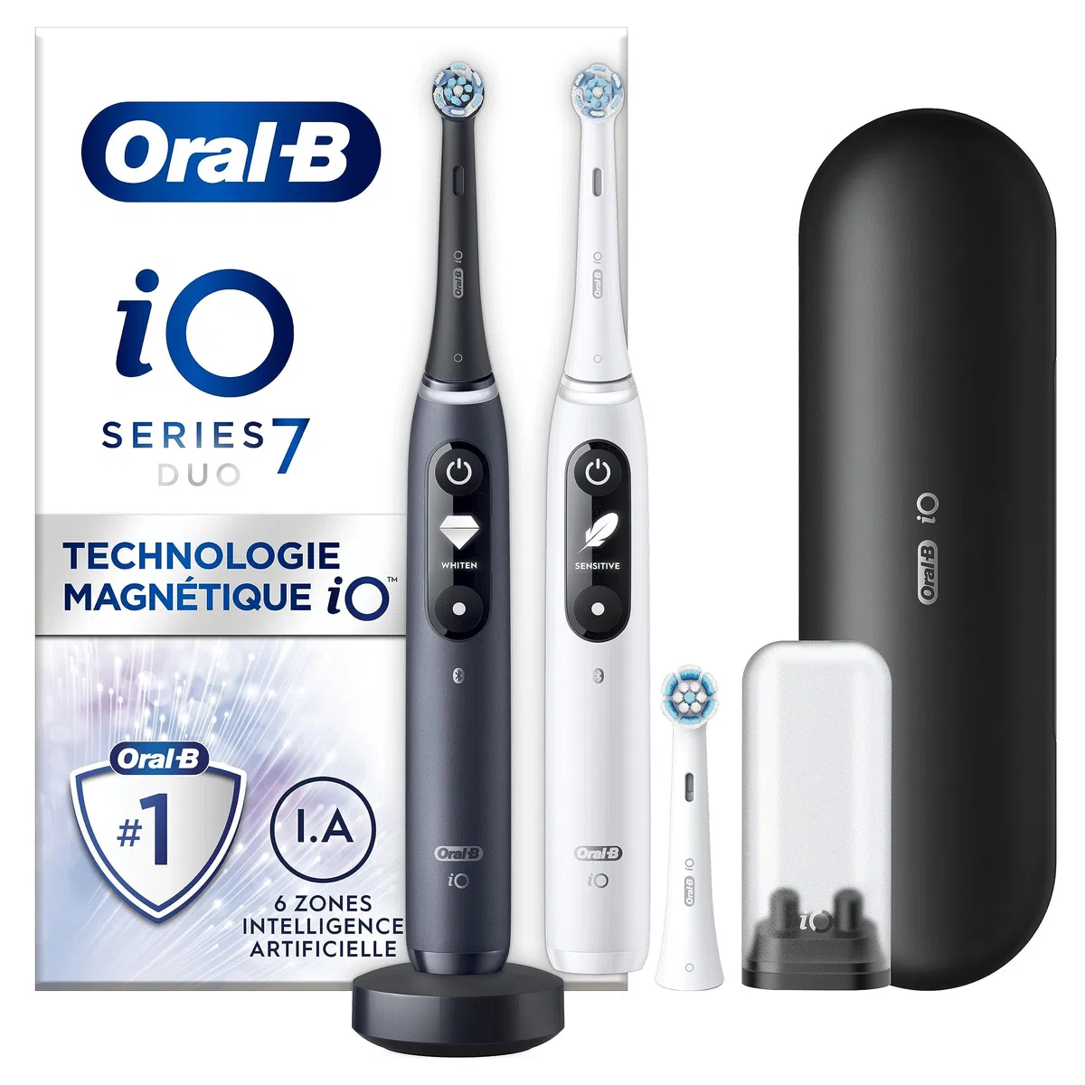 Oral-B iO 7 Duo Brosses À Dents Électriques Noire Et Blanche, Le Capteur De Pression Pour Protéger Les Gencives, Lot De 2 Manches, Des Accessoires, 2 Brossettes Rondes, 1 Chargeur, 1 Étui De Voyage