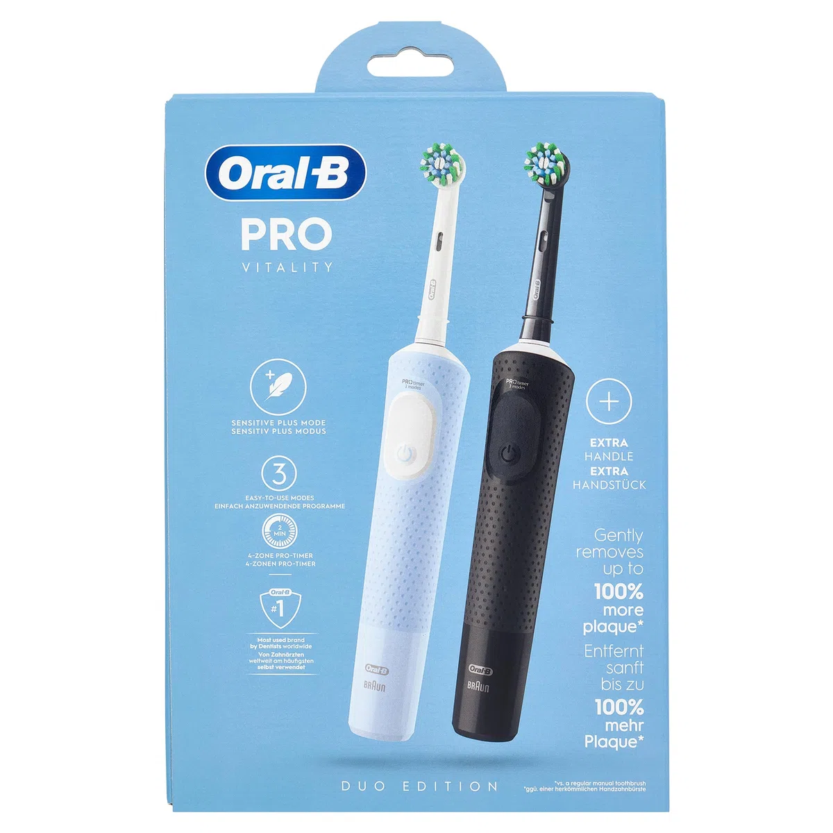 Oral-B Vitality Pro Lot de 2 brosses à dents électriques 3 modes de brossage pour soins dentaires, Designed by Braun, bleu/noir