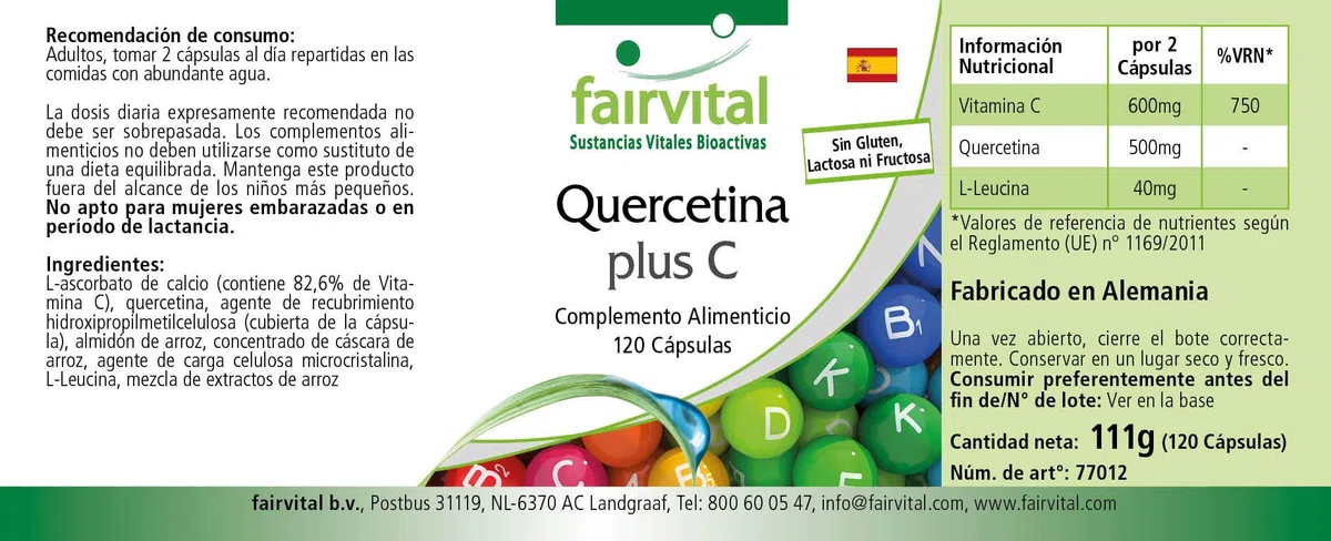 fairvital Gélules de quercétine à la vitamine C, 120 gélules, HAUTEMENT DOSÉ, 250mg de quercétine plus 300mg de vitamine C par gélule, VÉGÉTALIEN, antioxydant