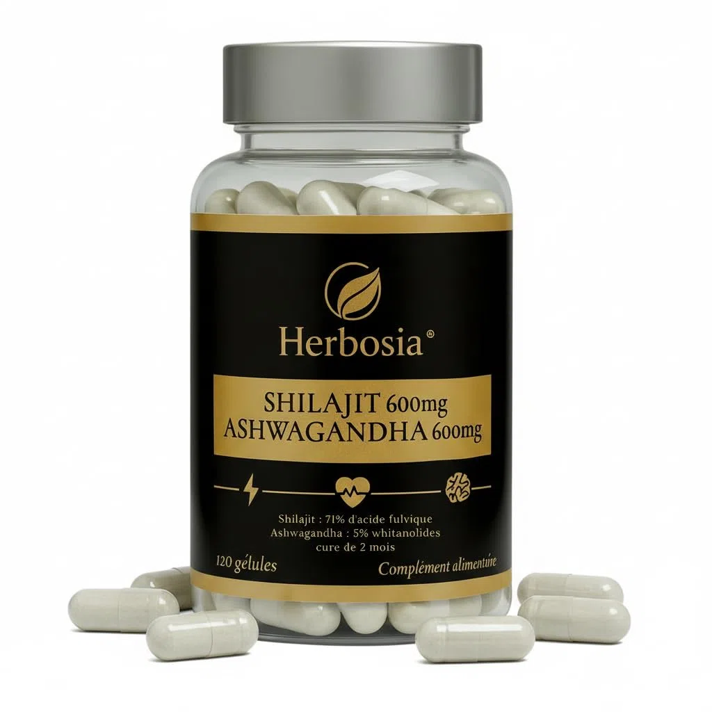 Shilajit 600 mg + Ashwagandha 600 mg – Complément Ayurvédique Origine Himalaya | 71% Acide Fulvique & Oligo-Éléments Naturels | Énergie, Vitalité & Anti-Stress | 120 Gélules