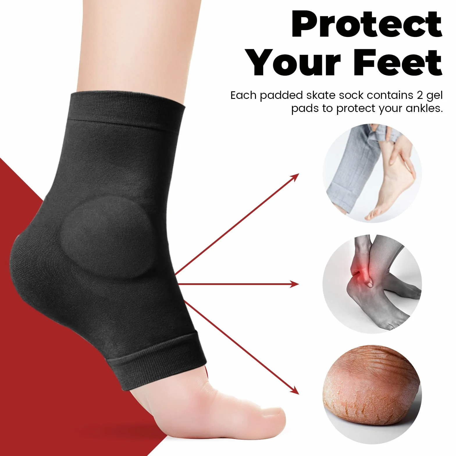 Lot de 2 paires de chaussettes de protection de la cheville avec coussinet en gel, chaussettes de skate malléolaires rembourrées pour patinage artistique (Cheville)