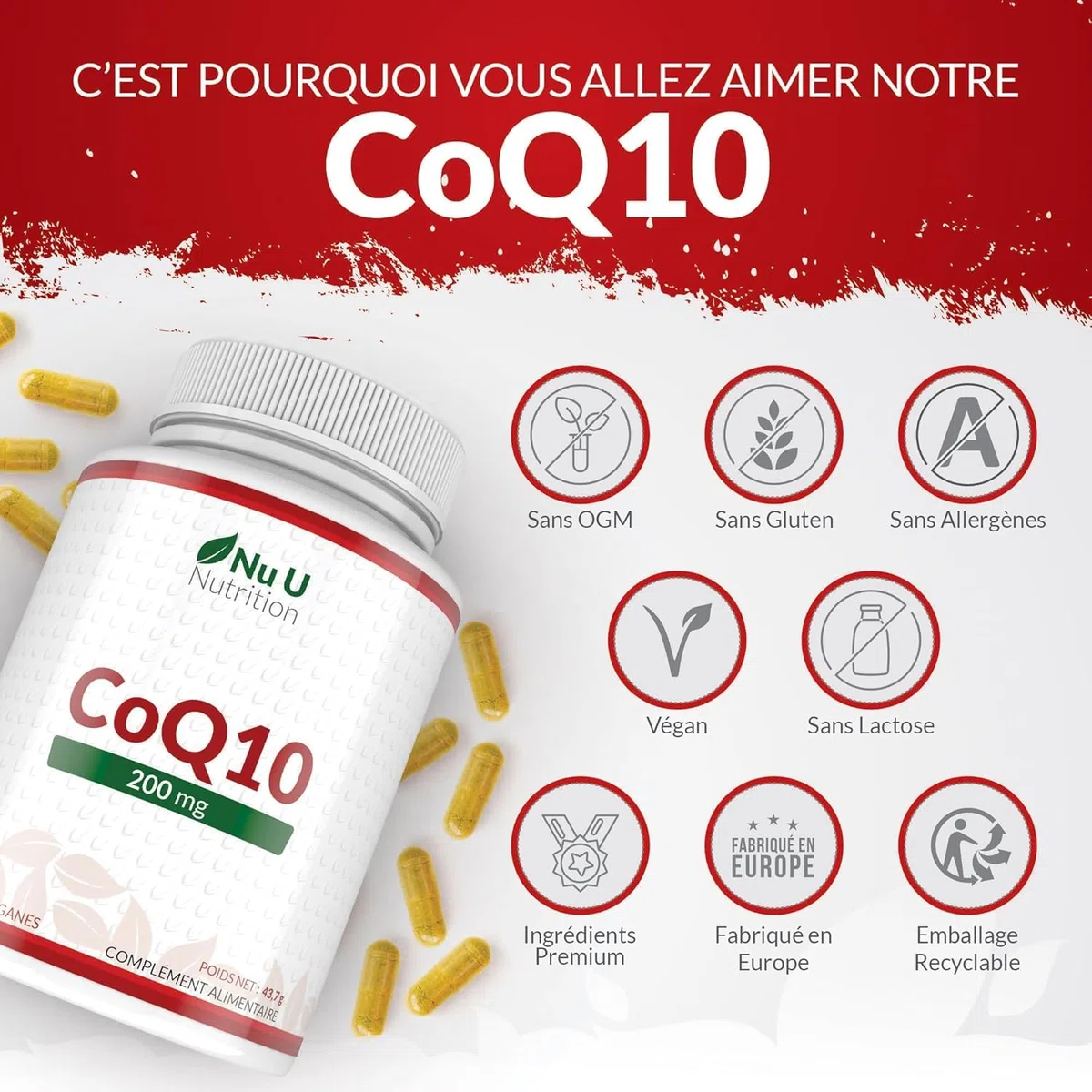 Coenzyme Q10 200mg – 120 Gélules Véganes – 2 Mois d’Approvisionnement – 100mg de CoQ10 par Gélule – 100% Ubiquinone Pure Fermentée Naturellement – Fabriqué en Europe – Nu U Nutrition