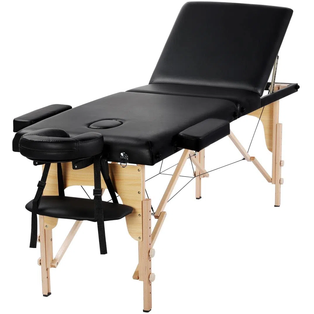 Abician Table de Massage Pliante Réglable en 8 Hauteurs Table de Massage Portable 3 Sections Pieds en Bois Massif Dossier Têtière Repose-Bras Hamac 213 x 82 x 85,5 cm Noir