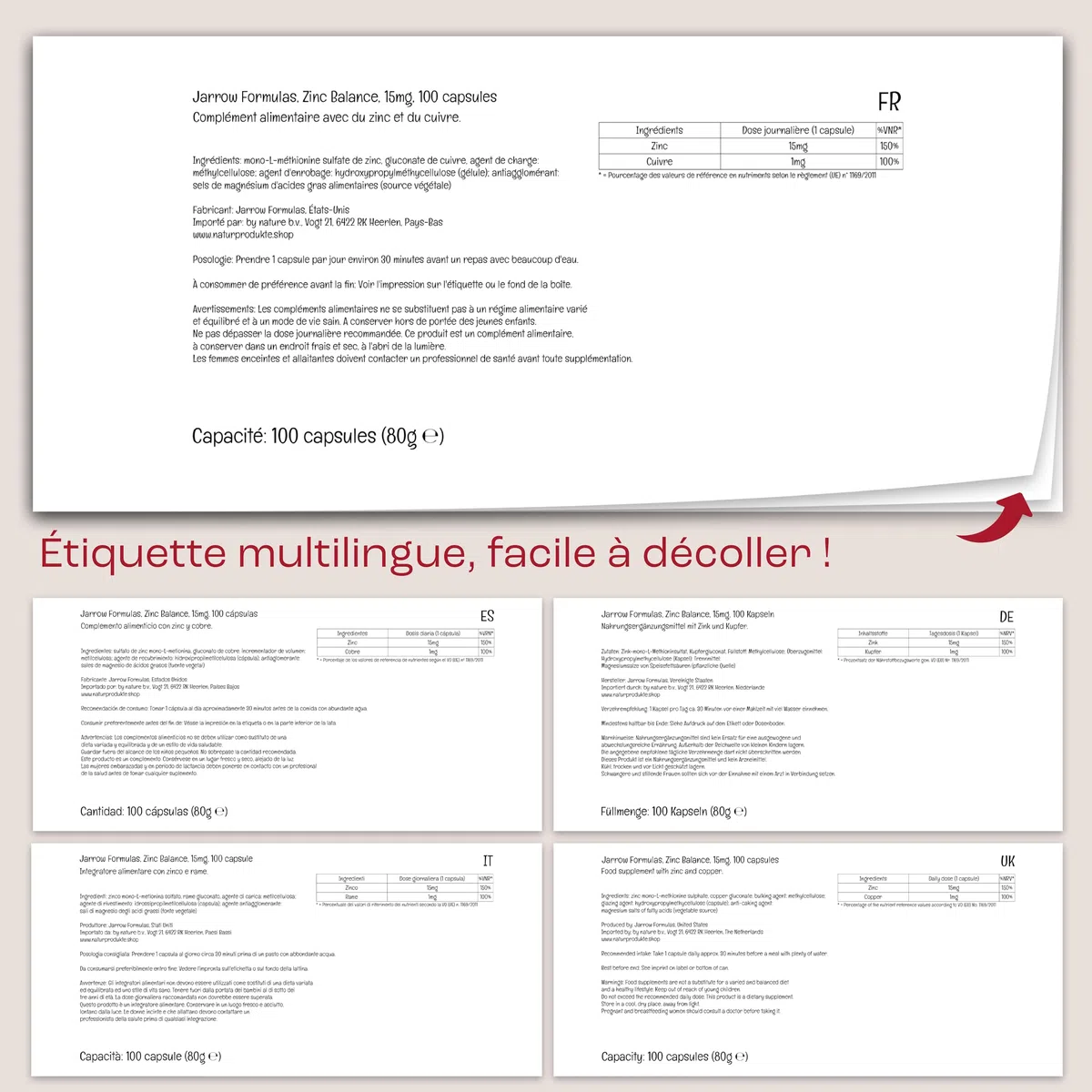 Jarrow Formulas, Zinc Balance, Zinc 15mg et Cuivre 1mg, 100 Capsules végétaliennes, Sans Gluten, Végétarien, Sans Soja, Sans OGM