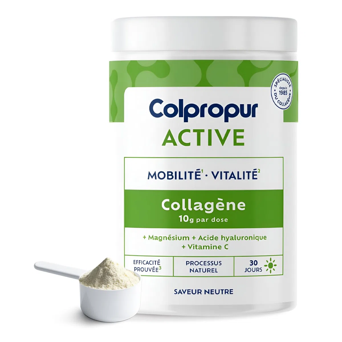 Collagène Poudre + Acide Hyaluronique - Récupération Active - Articulations | Colpropur Active, saveur neutre, 30 doses 10 g, collagène type I et II, magnésium, vitamine C, acide hyaluronique, sans sucre
