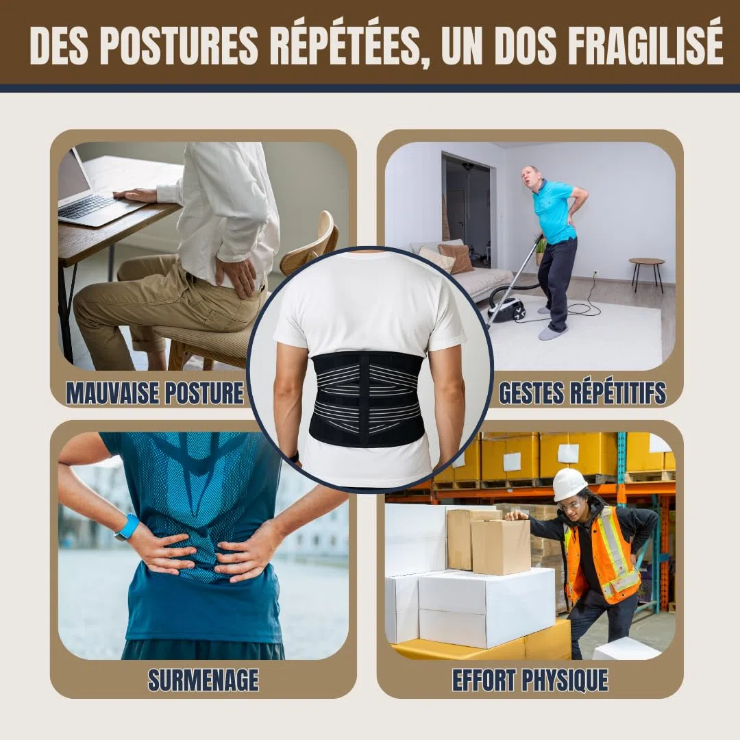 Ceinture Lombaire de soutien lombaire RÉGLABLE HOMME et FEMME pour soulager le Dos | Idéale pour le Travail ou le sport | 4 Ressorts, Taille S à XL | Parfaite pour Sciatique