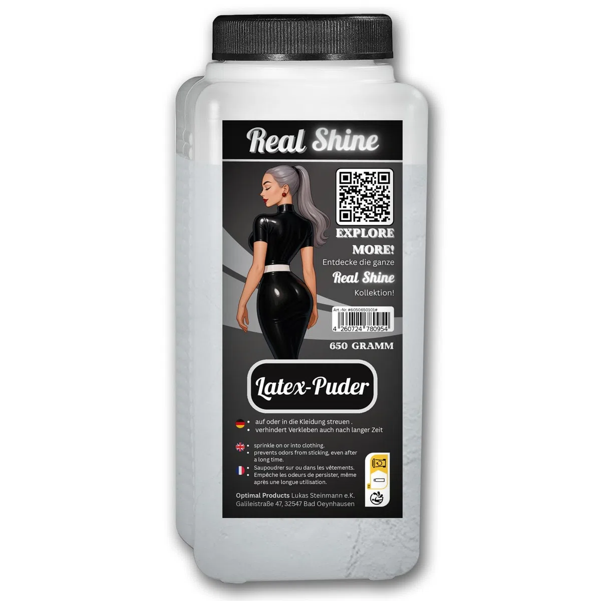 Optimal Products Poudre de latex Realshine 650 g Talc blanc pour l'enfilage des vêtements et gants en latex et leur stockage Talc pharmaceutique inodore