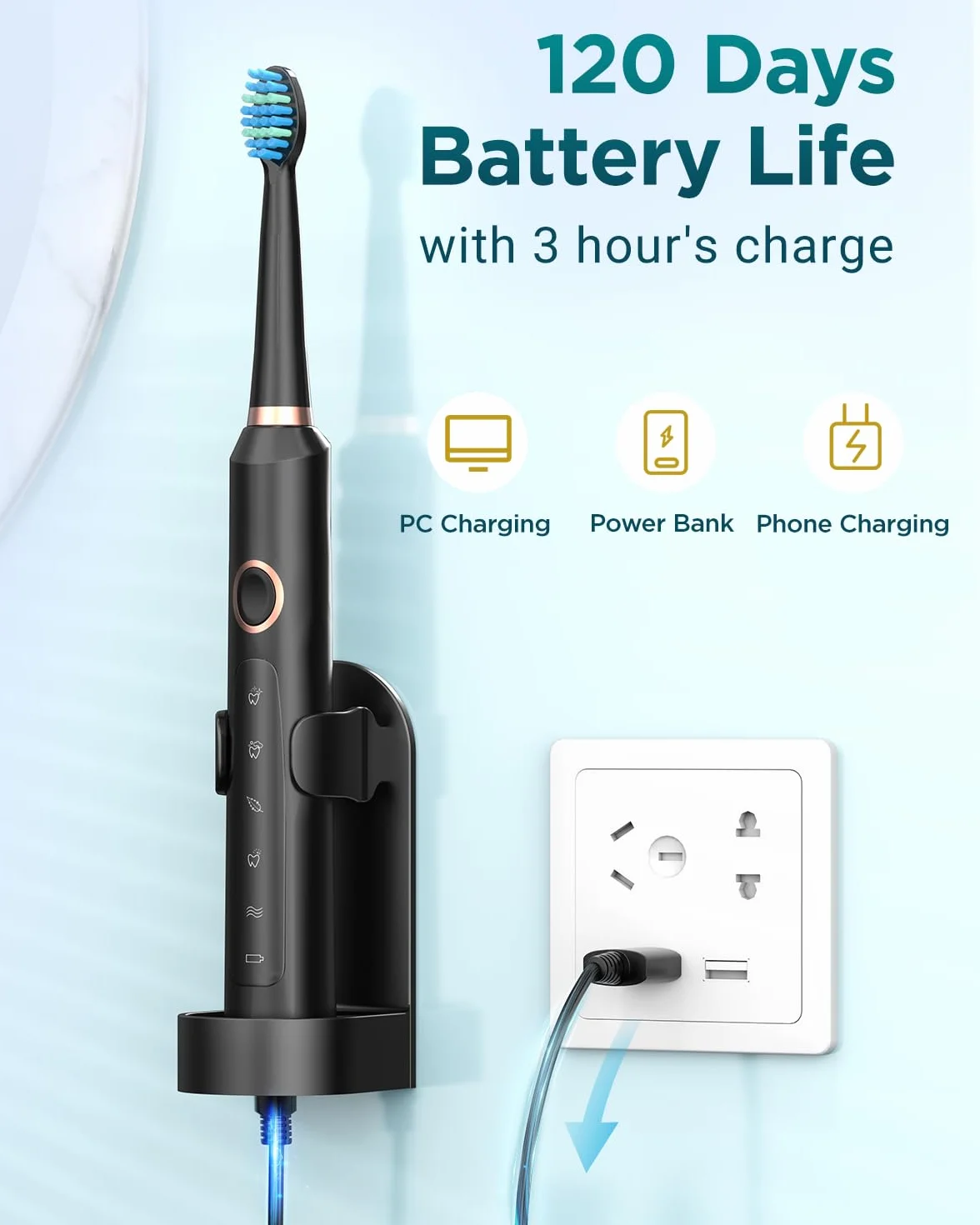Brosses à Dents Électriques Soniques Adultes avec 8 Têtes - Brosse à Dents Électrique avec Étui de Voyage, 5 Modes et IPX7, Brosses à Dents Électriques à Ultrasons pour Femmes Hommes, Noir Foncé